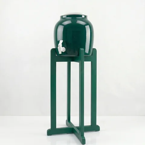 Ceramic gravity-fed water crock dispenser with wood stand